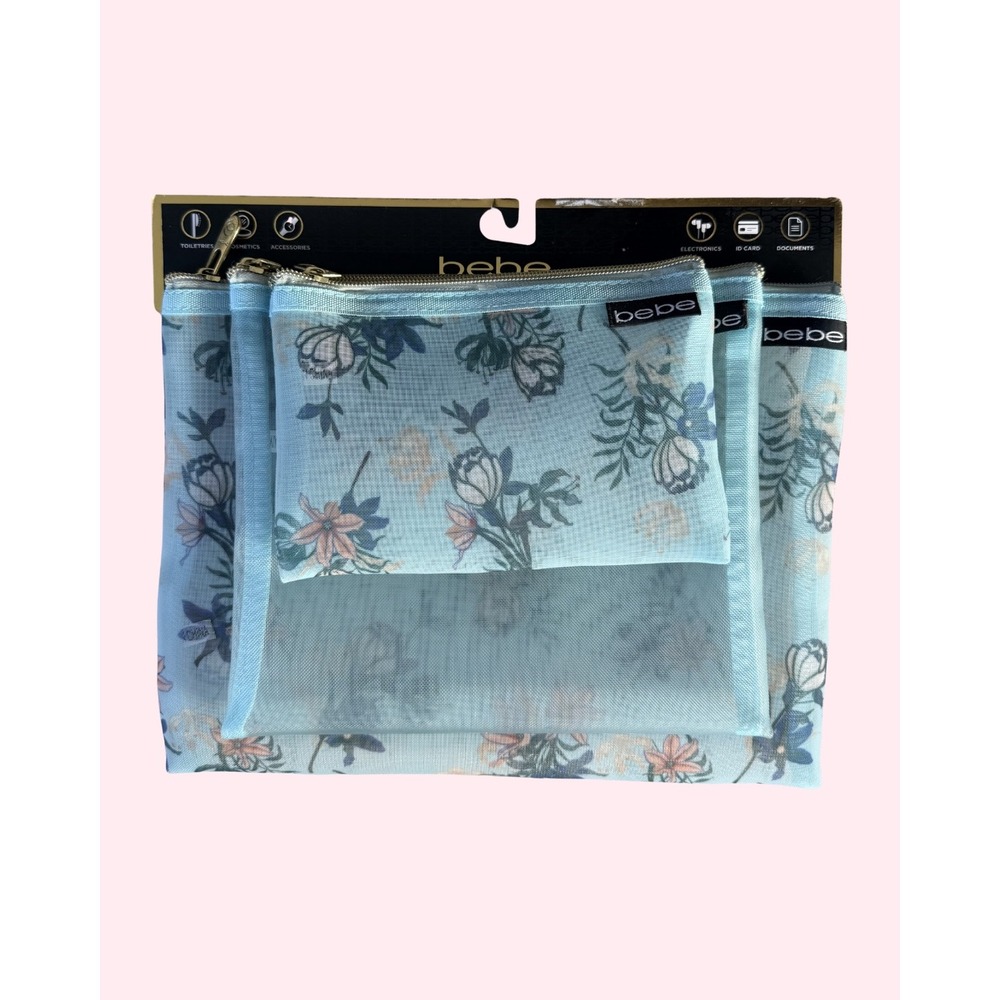 Bebe 3 Piece Mesh Travel Pouch Set Blue Floral Cosmetic Makeup Bags NWT
